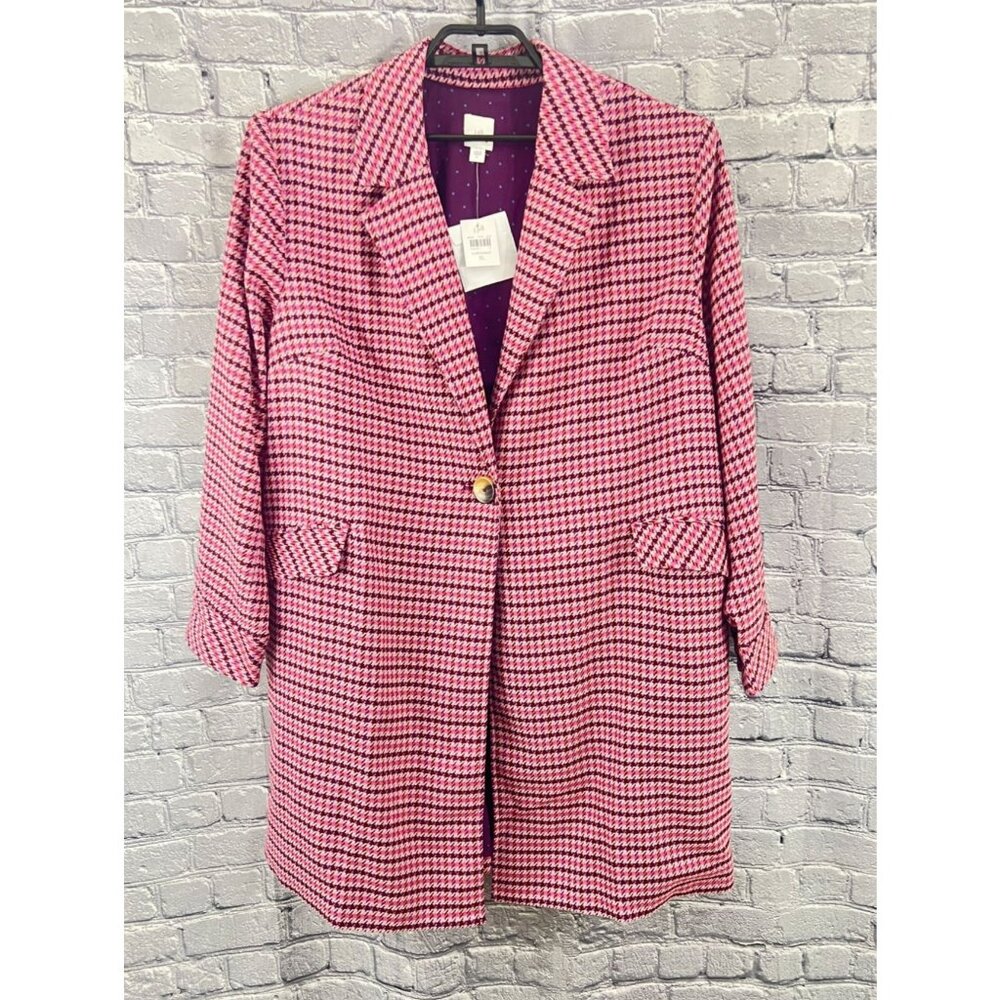 J. Jill Womens XL Pink Houndstooth Blazer One Button Career Jacket NWT